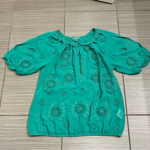 Anthropologie Leifnotes Teal Turquoise Green blouse top floral flowers - Picture 7 of 11